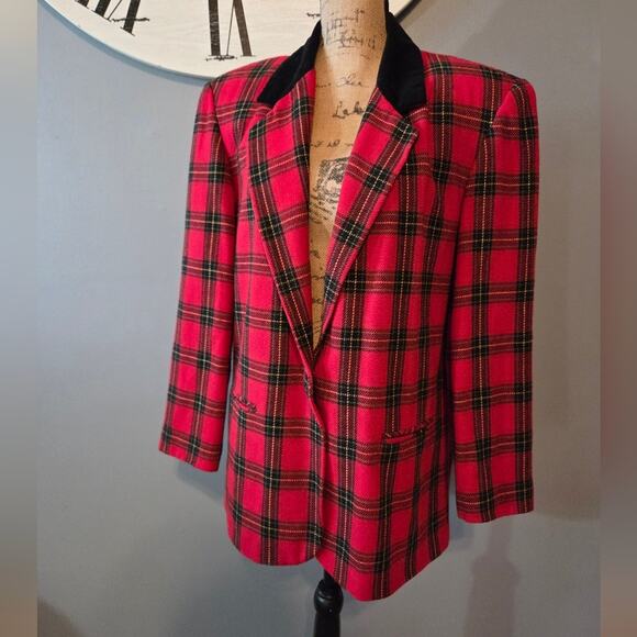 Vintage Plaid Wool Blend Single Button Blazer Sag harbor Red 16 - Picture 7 of 7